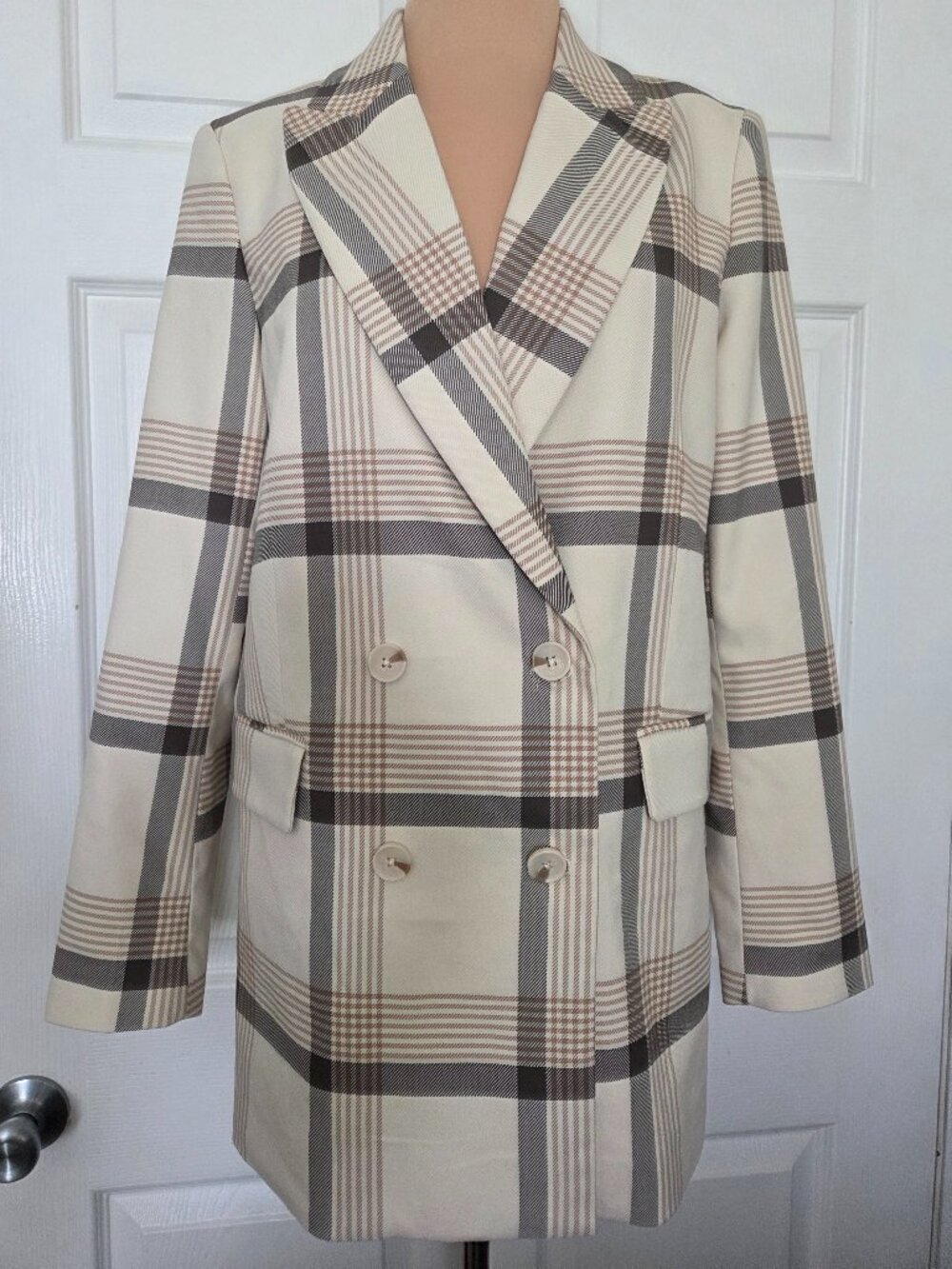 Plaid Double-Breasted Blazer Jacket in Cream - Picture 2 of 16